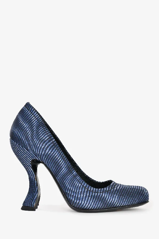 Prada Blue Striped Square Toed Heels Size 36.5---Durable Square Toe Block Heels for Everyday Use