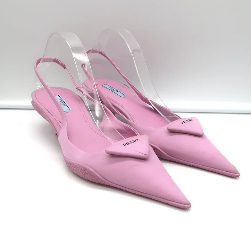 Prada Gabardine Logo Plaque Slingback Pump Pink Size 40 Pointed Toe Kitten Heel---Fashionable Kitten Heels for Date Night