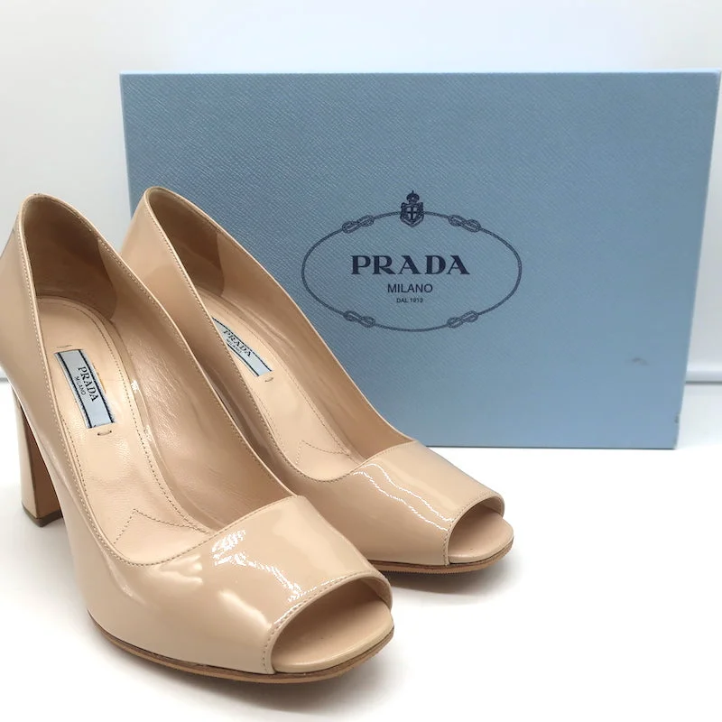 Sleek and Shiny Patent Pump Heels for a Polished Look--Prada Peep Toe Pumps Nude Patent Leather Size 39.5