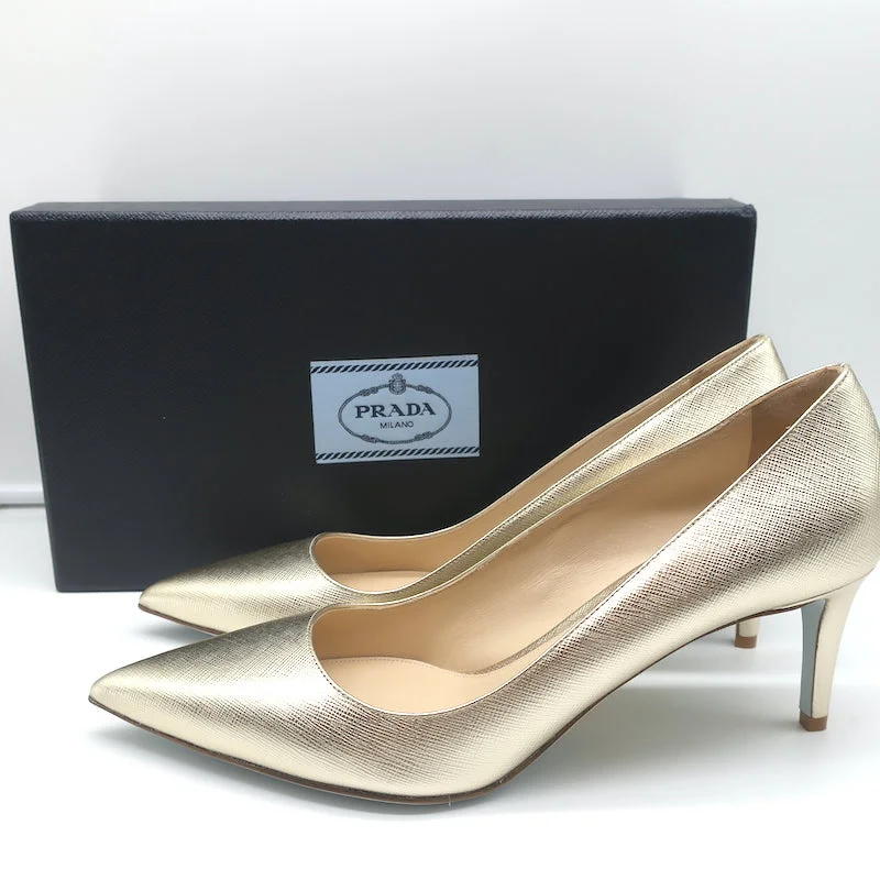 Stiletto Heel Pumps with Perfect Fit--Prada Pumps Gold Metallic Saffiano Leather Size 41 Pointed Toe Heels NEW-Fashionable & Classic