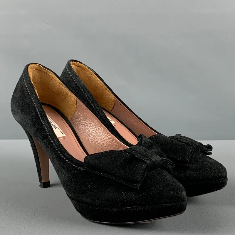 Affordable Suede Ankle Pumps for All-Day Wear--PRADA Size 5 Black Suede Bow Platform Pumps