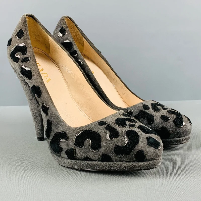 Affordable Suede Ankle Pumps for All-Day Wear--PRADA Size 5 Grey Black Suede Aplique Platform Pumps