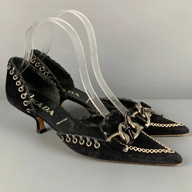 PRADA Size 6.5 Black Silver Suede Chain Link Kitten Heel Pumps---Fashionable Kitten Heels for Date Night