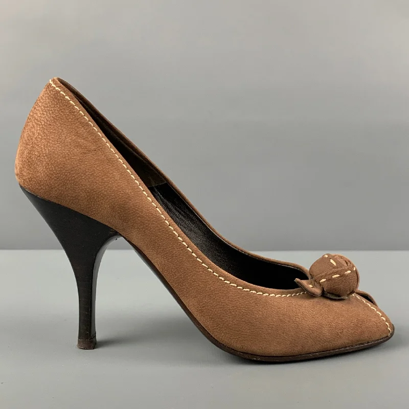 Trendy Peep Toe Platform Heels Crafted from Genuine Leather--PRADA Size 6.5 Brown Suede Peep Toe Pumps