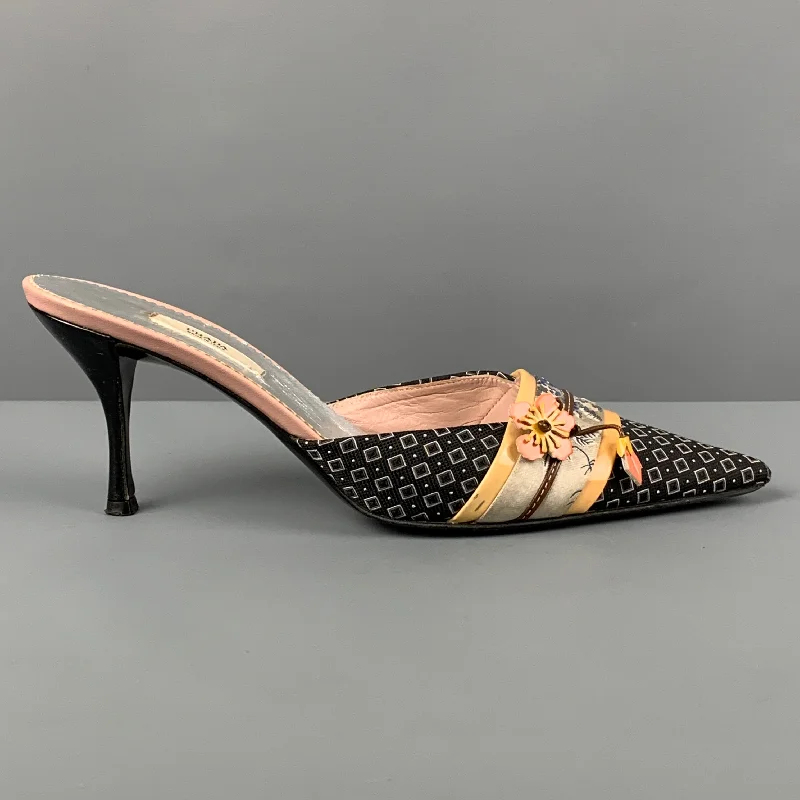 Stiletto Heel Pumps with Perfect Fit--PRADA Size 6.5 Navy Silk Applique Pointed Toe Pumps-Fashionable & Classic