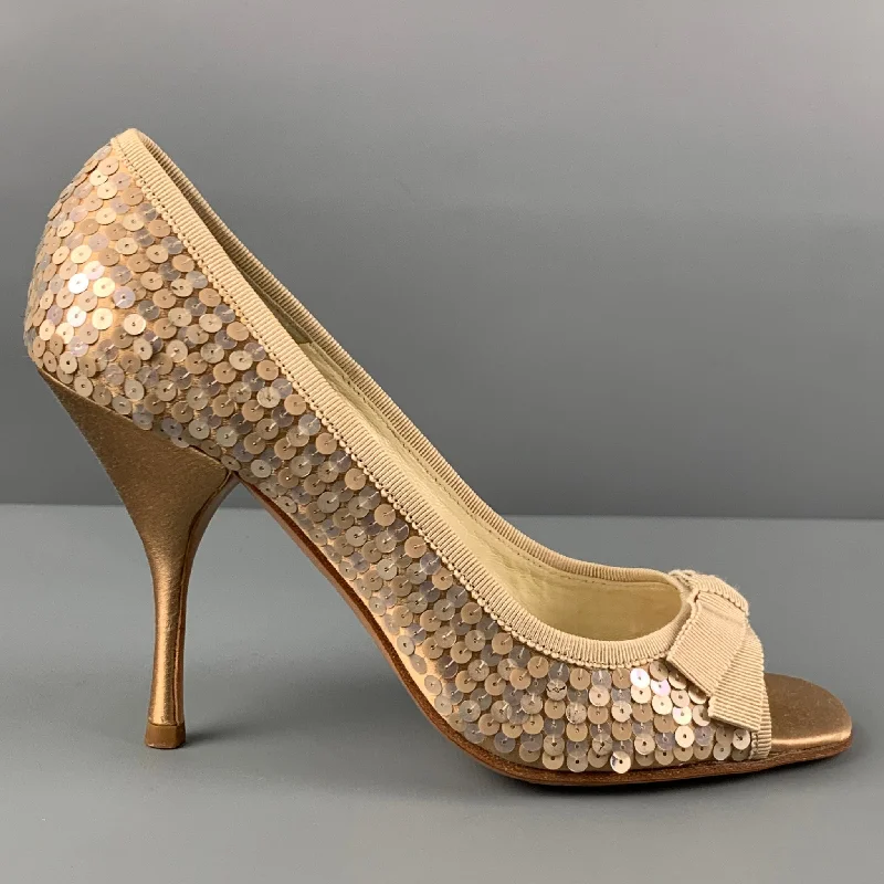 Trendy Peep Toe Platform Heels Crafted from Genuine Leather--PRADA Size 6.5 Taupe Silk Sequined Peep Toe Pumps