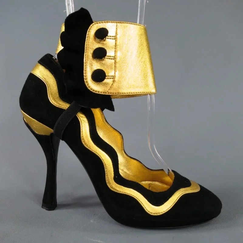 Affordable Suede Ankle Pumps for All-Day Wear--PRADA Spring 2008 Size 6 Black & Gold Suede Ankle Ruffle Cuff Metallic Pumps