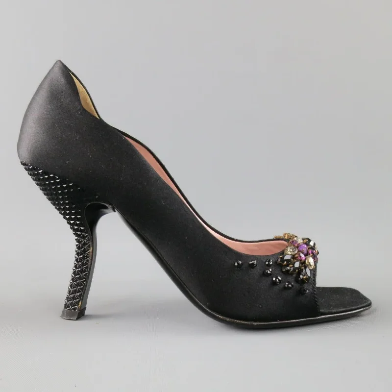 Trendy Peep Toe Platform Heels Crafted from Genuine Leather--PRADA Size 6 Black Silk Purple Crystal Peep Toe Curved Stud Heel Pumps