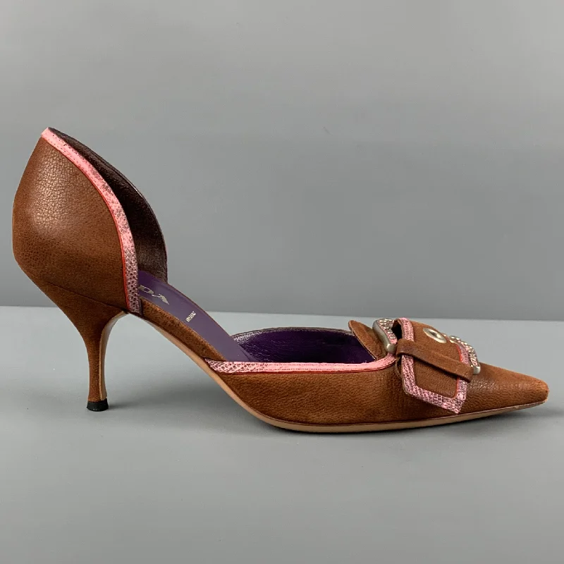 Stiletto Heel Pumps with Perfect Fit--PRADA Size 6 Brown Rose Leather Pointed Toe Pumps-Fashionable & Classic