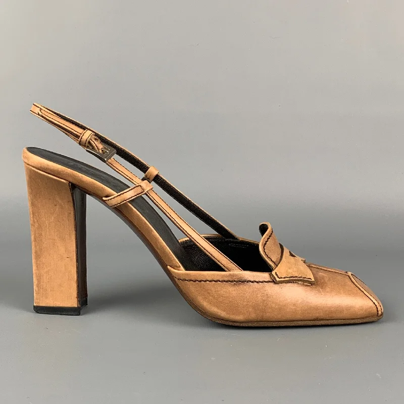 Fashionable Leather Slingback Pumps for Casual Wear--PRADA Size 7.5 Beige Leather Slingback Pumps