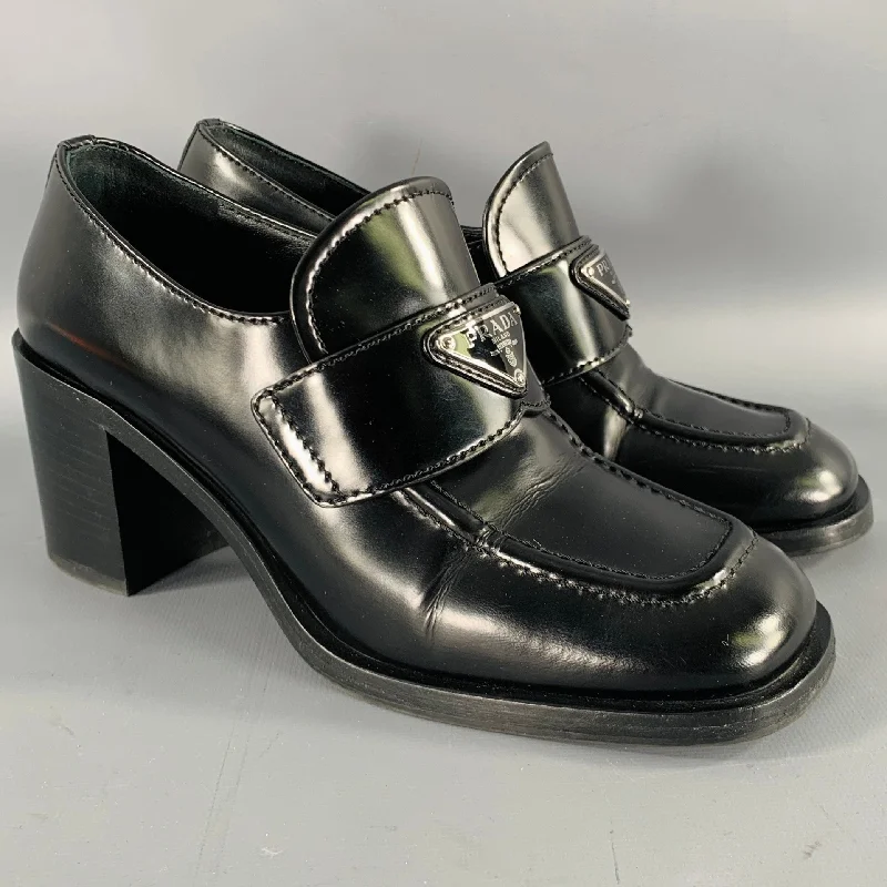 Trendy Chunky Heel Pumps for Casual Wear--PRADA Size 7.5 Black Leather Penny Loafer Pumps