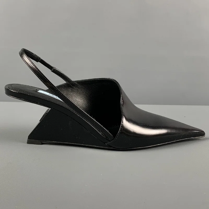 Fashionable Leather Slingback Pumps for Casual Wear--PRADA Size 7.5 Black Leather Slingback Wedge Pumps