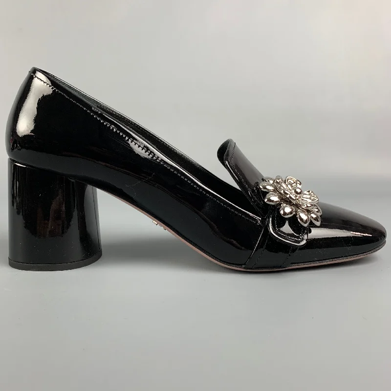 Sleek and Shiny Patent Pump Heels for a Polished Look--PRADA Size 7.5 Black & Silver Patent Leather Vernice Pumps