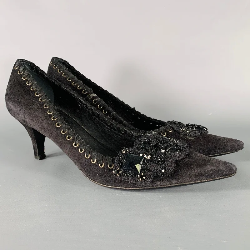 Affordable Suede Ankle Pumps for All-Day Wear--PRADA Size 7.5 Black Suede Beaded Embellishment Heels Pumps