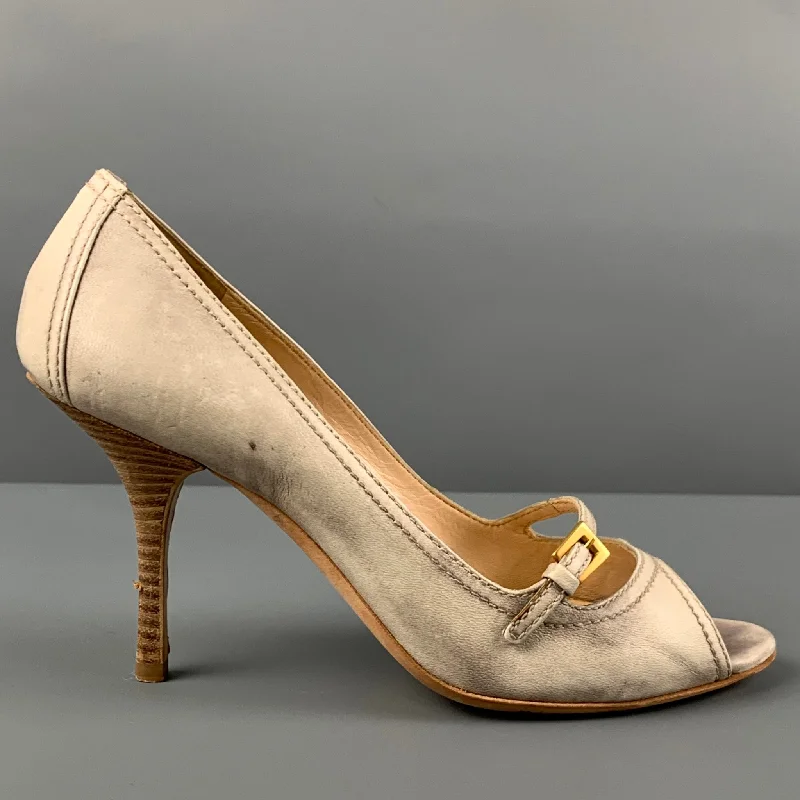 Trendy Peep Toe Platform Heels Crafted from Genuine Leather--PRADA Size 7 Beige Leather Marbled Peep Toe Pumps