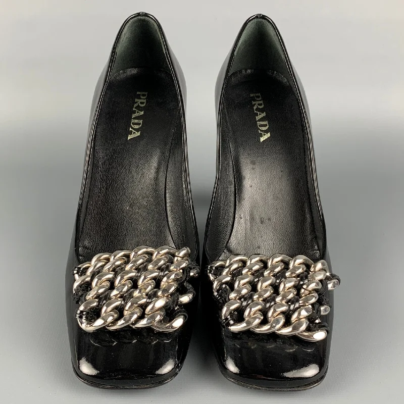 Sleek and Shiny Patent Pump Heels for a Polished Look--PRADA Size 7 Black Leather Chain Patent Leather Square Toe Pumps