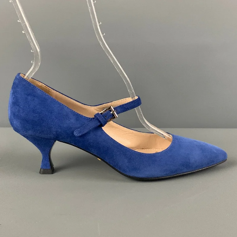 PRADA Size 7 Blue Suede Kitten Heel Pumps---Fashionable Kitten Heels for Date Night