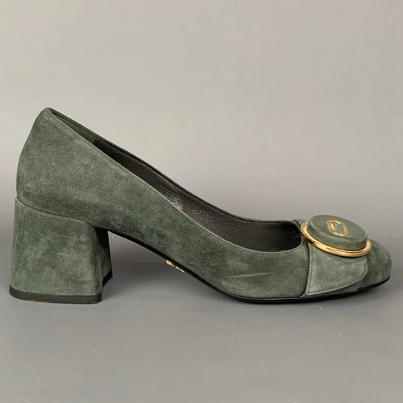 Affordable Suede Ankle Pumps for All-Day Wear--PRADA Size 7 Grey & Gold Suede Chunky Heel Pumps