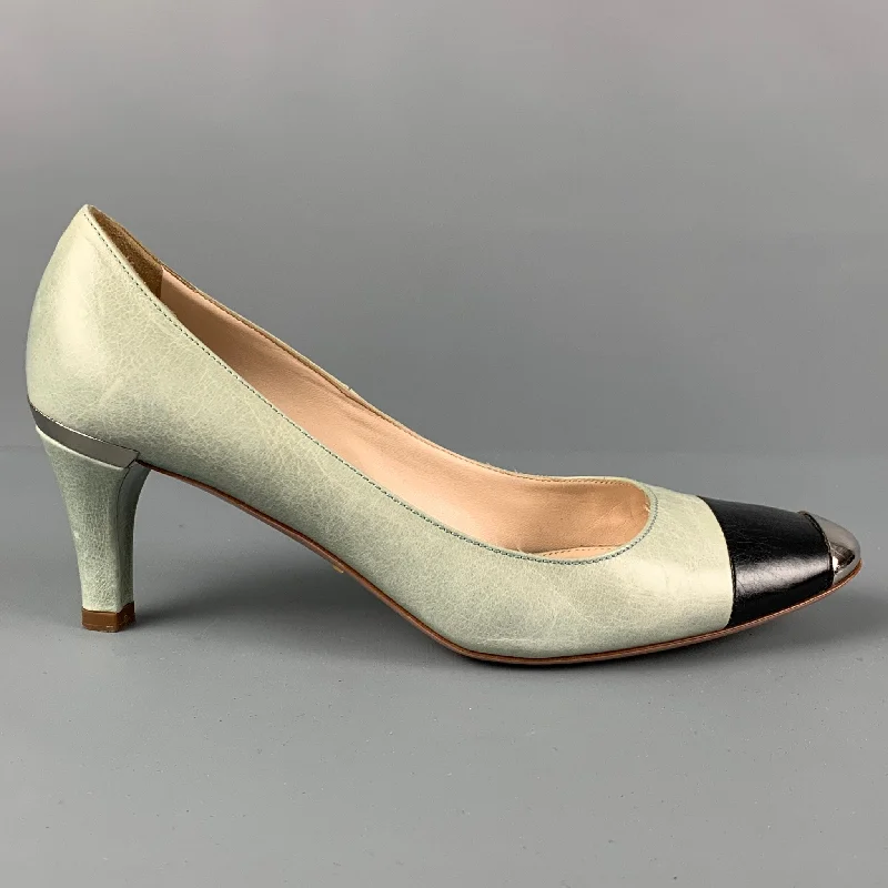 PRADA Size 7 Mint Black Silver Leather Color Block Cap Toe Pumps---Comfortable Leather Pumps for Office and Everyday Wear