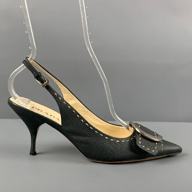 PRADA Size 7 Navy Leather Buckle Slingback Pumps---Comfortable Leather Pumps for Office and Everyday Wear