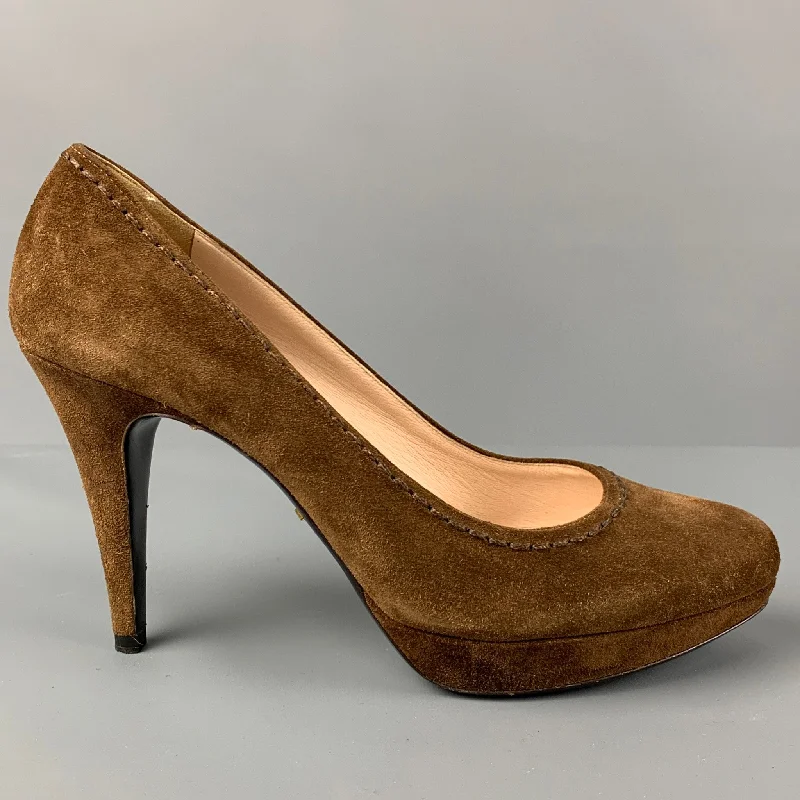 Affordable Suede Ankle Pumps for All-Day Wear--PRADA Size 8.5 Brown Suede Contrast Stitch Platform Pumps