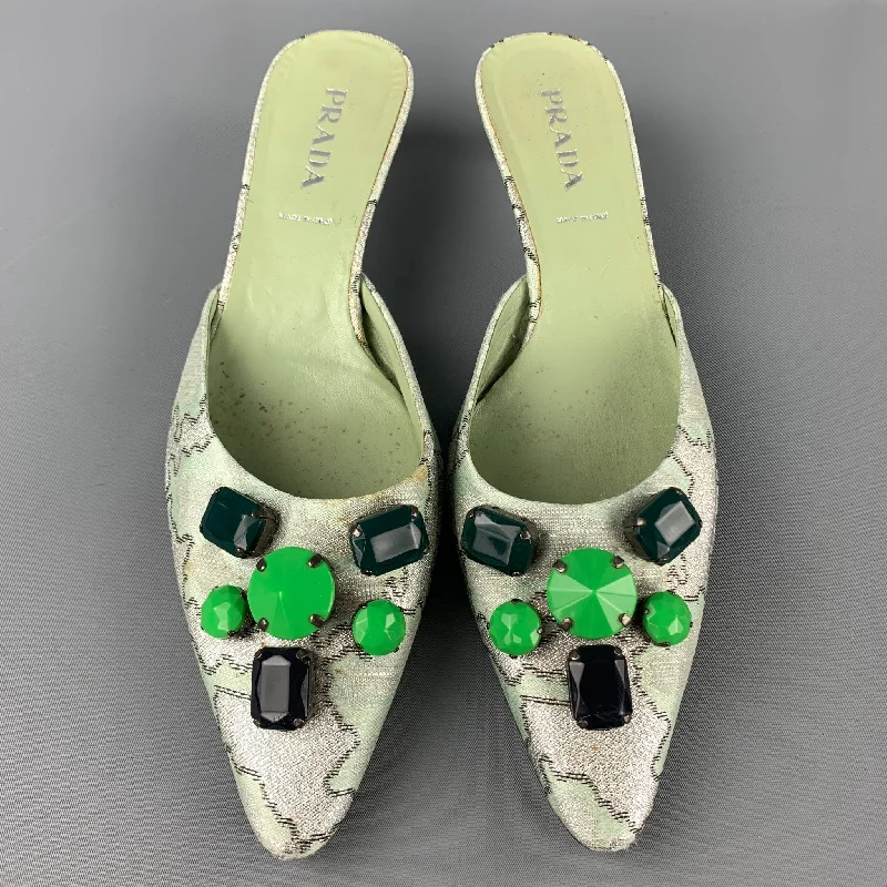 PRADA Size 8.5 Green Embellishments Silk Kitten Heel Pumps---Fashionable Kitten Heels for Date Night