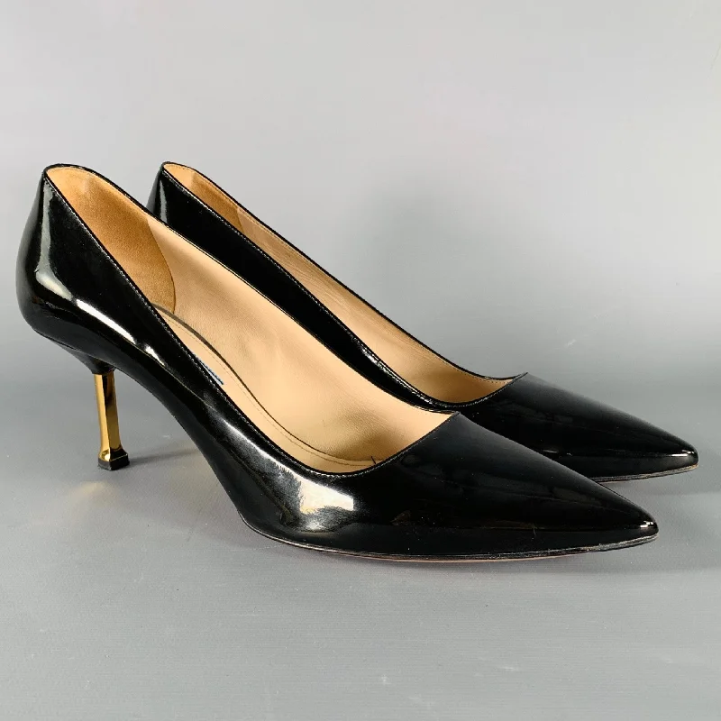 Sleek and Shiny Patent Pump Heels for a Polished Look--PRADA Size 8 Black Patent Leather Pointed Toe Heels Pumps