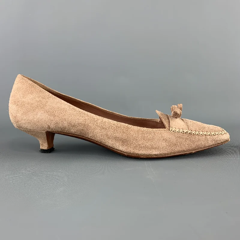 PRADA Size 9.5 Beige Suede Loafer Kitten Heel Pumps---Fashionable Kitten Heels for Date Night