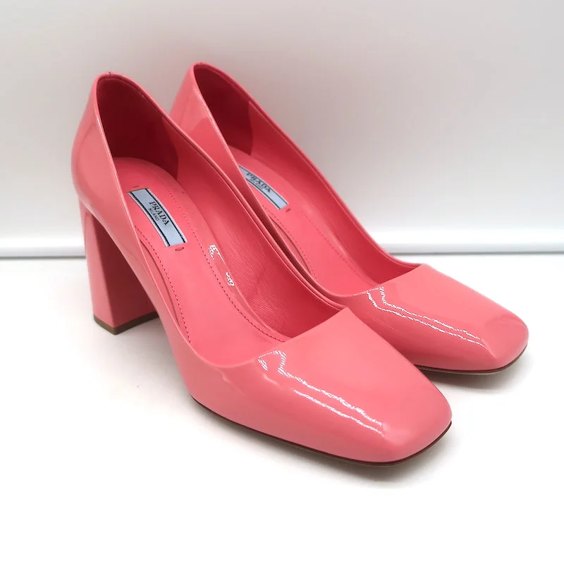 Sleek and Shiny Patent Pump Heels for a Polished Look--Prada Square Toe Pumps Pink Patent Leather Size 38.5 NEW