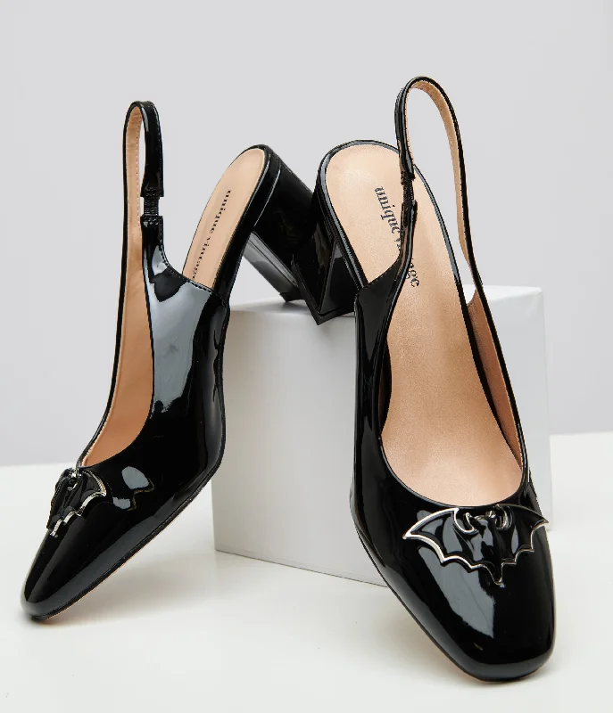 Unique Vintage Black Bat Leatherette Slingback Heels---Comfortable Leather Pumps for Office and Everyday Wear