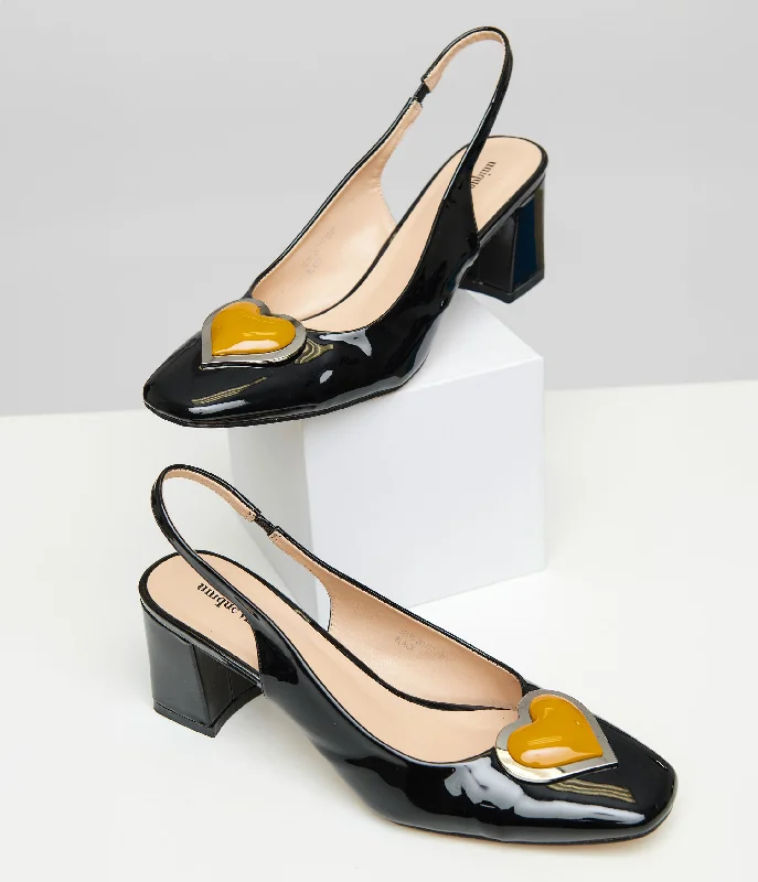 Unique Vintage Black & Orange Heart Leatherette Slingback Heels---Comfortable Leather Pumps for Office and Everyday Wear