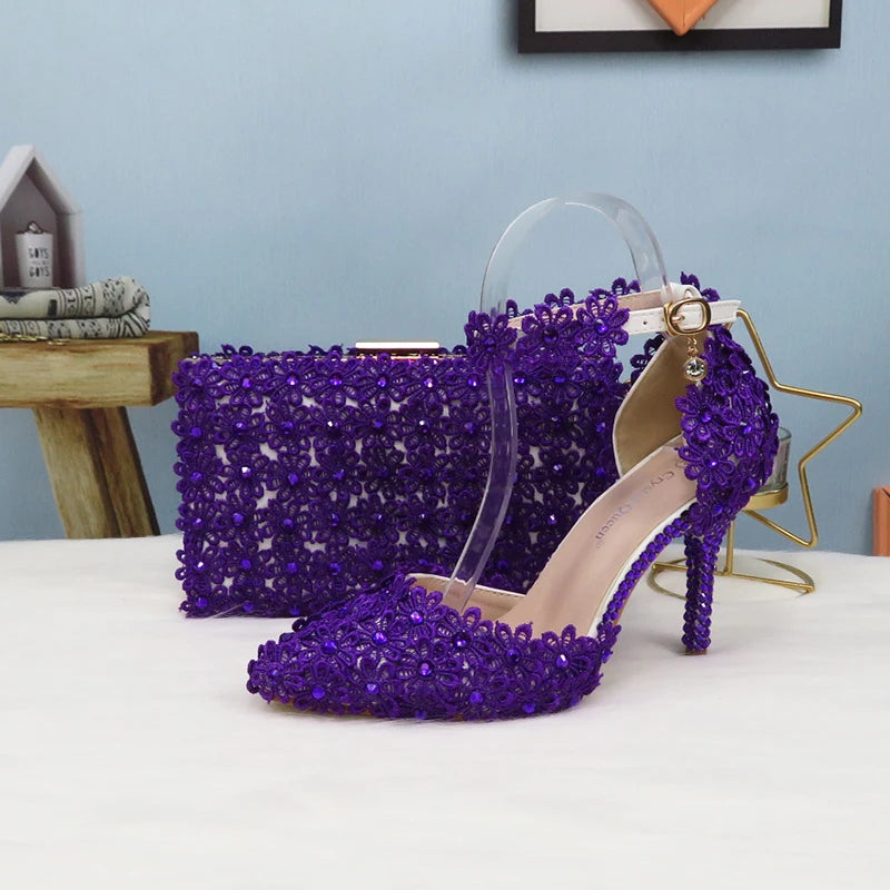 Purple Lace Flower Wedding Shoe And Bag Set Crystal Heels Pointed Toe Ankle Strap