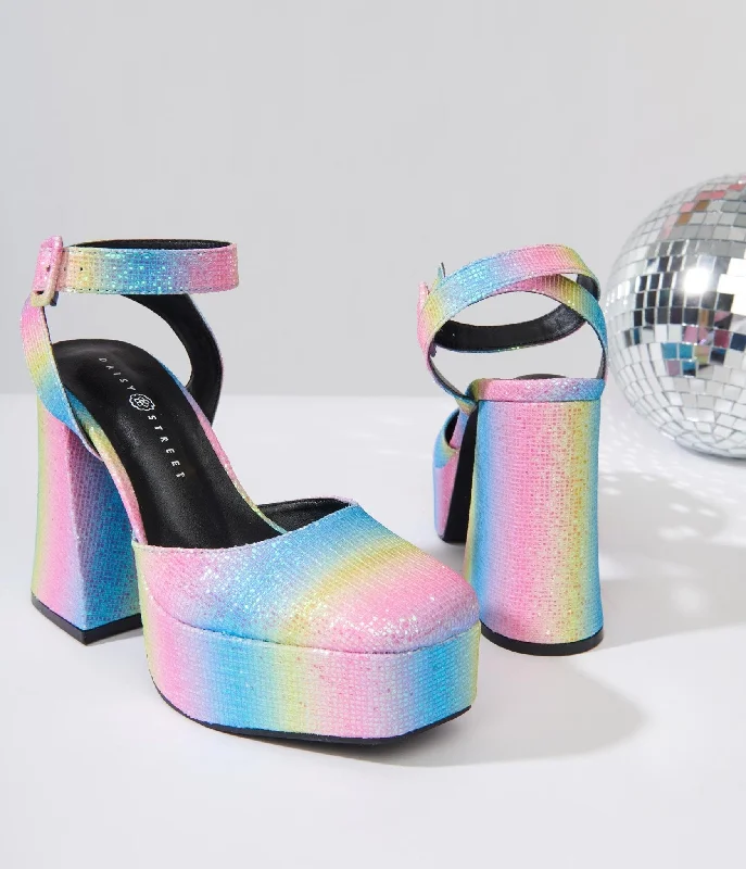 Rainbow Glitter Chunky Platform Heels---Trendy Glitter Heels for a Glamorous Look