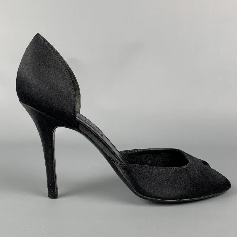 Stylish Open Toe Heels for Summer--RALPH LAUREN Collection Size 9 Black Silk Open Toe Pumps