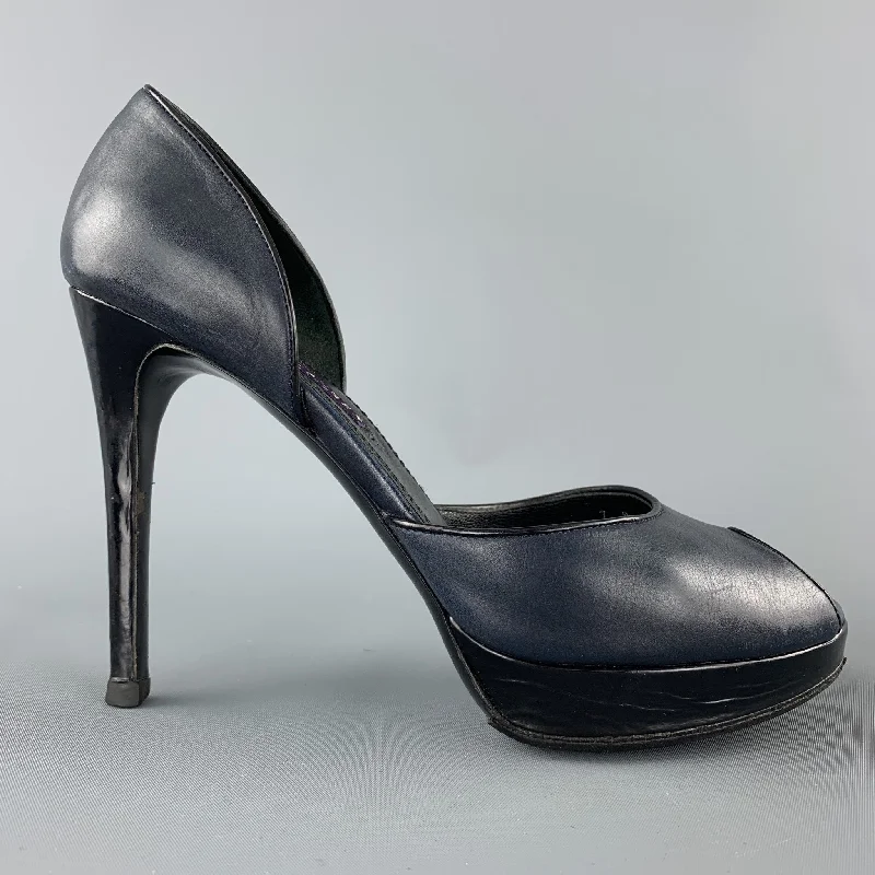 Trendy Peep Toe Platform Heels Crafted from Genuine Leather--RALPH LAUREN Size 7 Navy & Black Leather Peep Toe Pumps