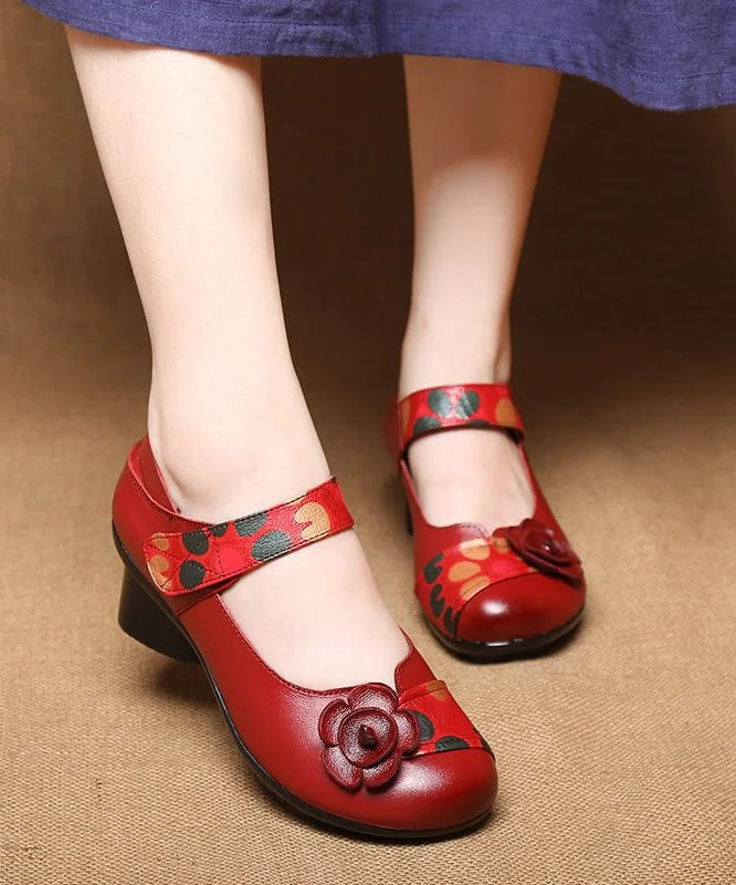 Red Chunky Heel Cowhide Leather Fitted Splicing Floral---Comfortable Leather Pumps for Office and Everyday Wear