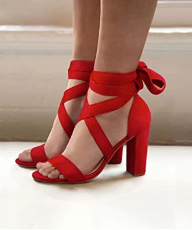 Trendy Peep Toe Platform Heels Crafted from Genuine Leather--Red Chunky High Heels Faux Leather Fine Splicing Peep Toe Lace Up