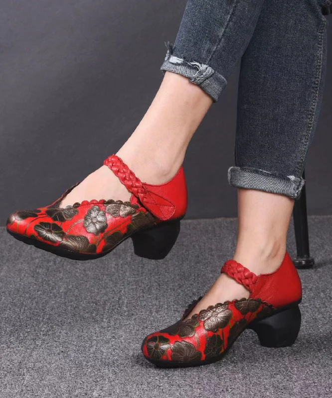 Versatile Dress Heels for Formal and Casual Wear---Red Embossed Buckle Strap Vintage Splicing Chunky