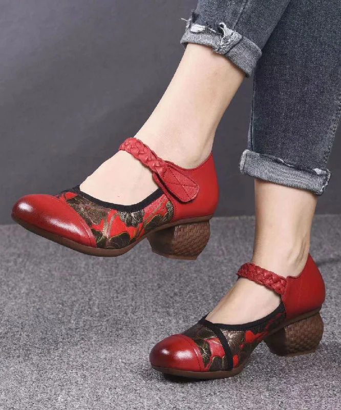 Red Embossed Cowhide Leather Retro Splicing Buckle Strap---Comfortable Leather Pumps for Office and Everyday Wear