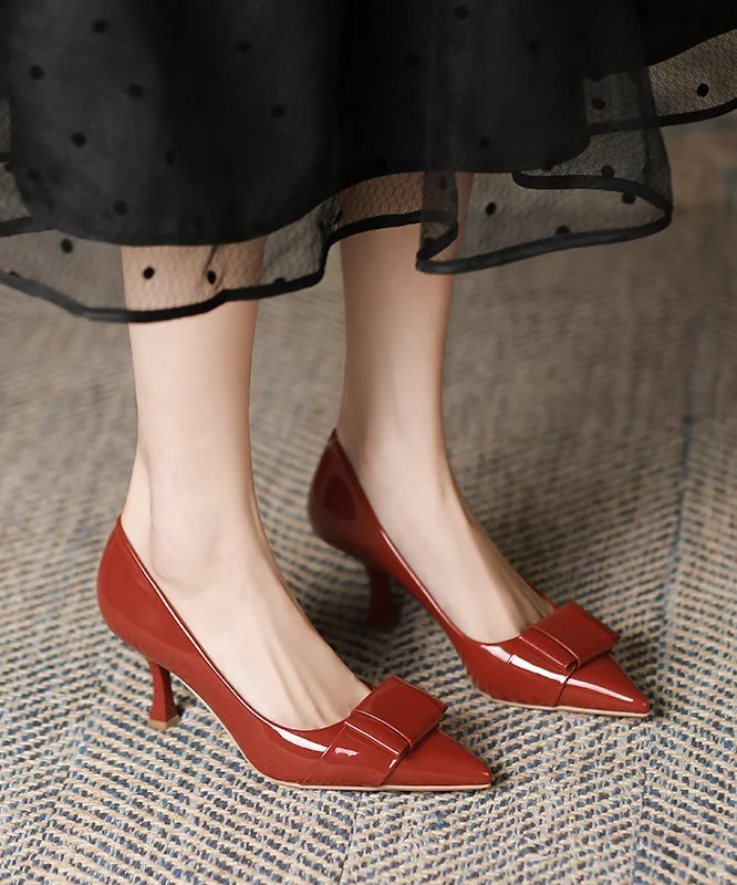 Stiletto Heel Pumps with Perfect Fit--Red Faux Leather Bow Splicing French Pointed Toe High Heels-Fashionable & Classic