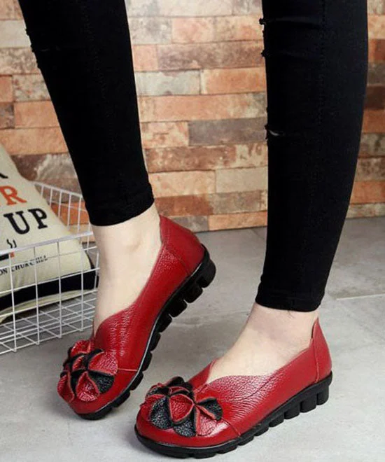 Red Flat Feet Shoes Cowhide Leather Vintage Splicing---Comfortable Leather Pumps for Office and Everyday Wear