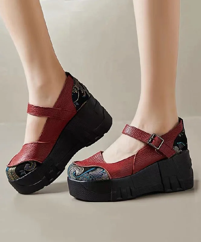 Versatile Heeled Sandals for Any Occasion---Red High Wedge Heels Shoes Women Splicing Buckle Strap