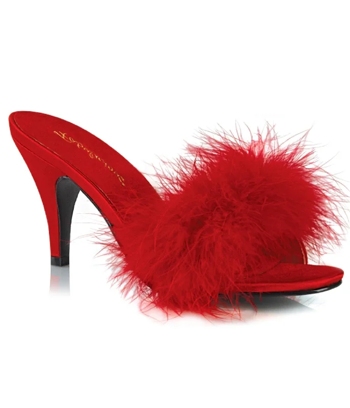 Trendy Peep Toe Platform Heels Crafted from Genuine Leather--Red Satin & Marabou Feather Peep Toe Amour Heel Slipper