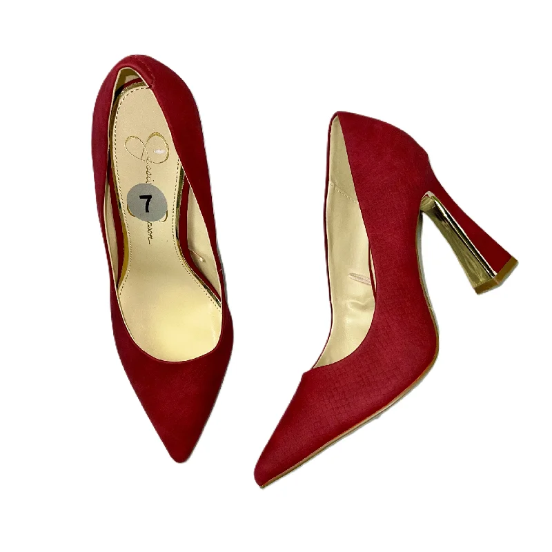 Red Shoes Heels Block By Jessica Simpson, Size: 7---Fashionable Kitten Heels for Date Night