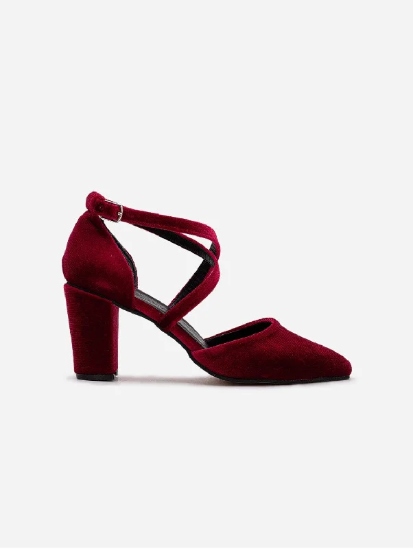 Sina Vegan Velvet Strappy Heels | Burgundy---Affordable Strappy Platform Heels with Premium Quality