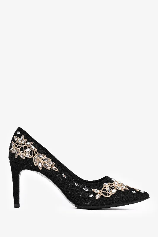 Rene Caovilla Black Gold/Crystal Embellished Heels Size 35.5---Chic Embellished Pumps for a Glamorous Look