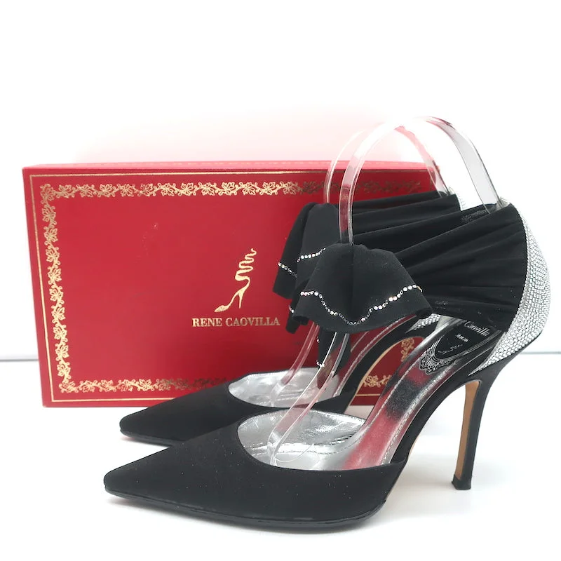 Rene Caovilla Crystal-Embellished Ankle Tie d'Orsay Pumps Black Satin Size 37.5Affordable Satin Heels with a Luxe Touch