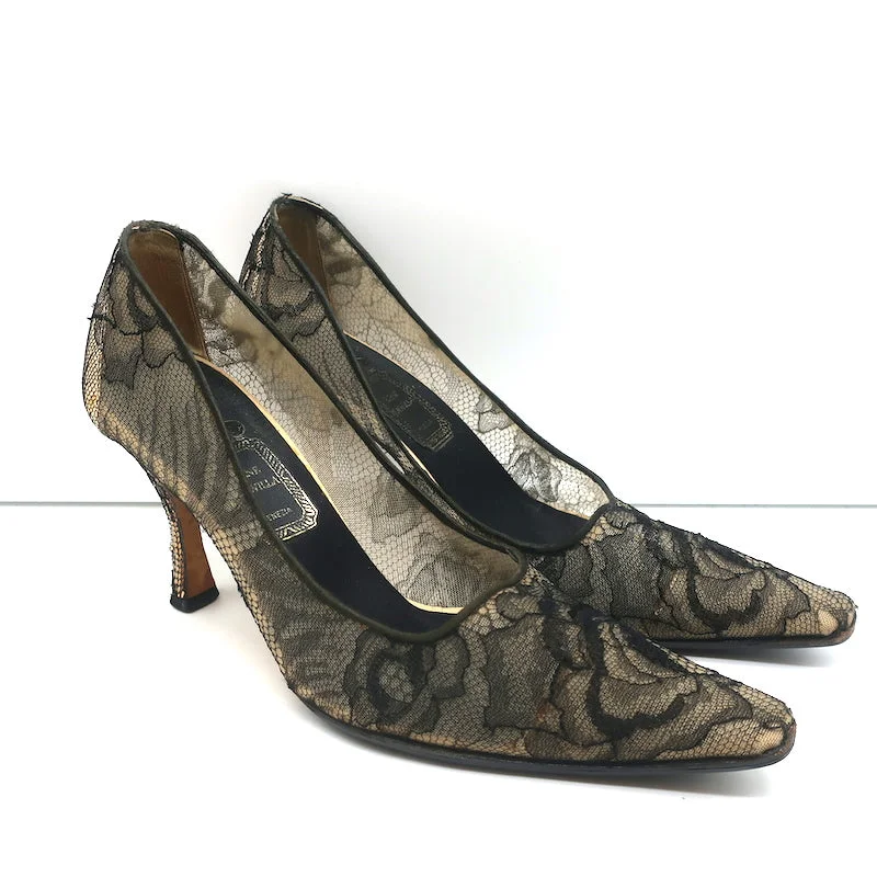 Stiletto Heel Pumps with Perfect Fit--Rene Caovilla Lace Pumps Black Size 36.5 Pointed Toe Heels-Fashionable & Classic