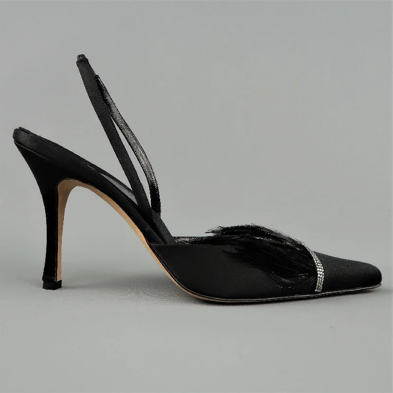 Affordable Rhinestone Pumps for a Dazzling Look---RENE CAOVILLA Size 10 Black Silk Feather & Rhinestone Pointed Slingback Pumps