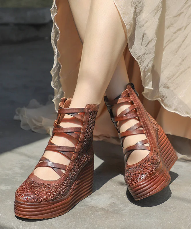 Versatile Heeled Sandals for Any Occasion---Retro Coffee Cowhide Hollow Out Splicing Cross Strap High Wedge Heels Shoes